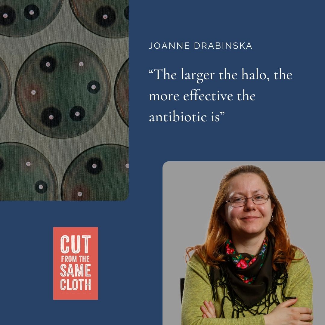 UCD_Conway's tweet image. Joanna Drabińska’s fabric captures bacteria battling antibiotics—Petri dish patterns showing drug resistance in action. Her work on cystic fibrosis lung infections reveals how low oxygen helps bacteria adapt. She’d turn her fabric into a t-shirt. Link in bio. #CutFromTheSameCloth