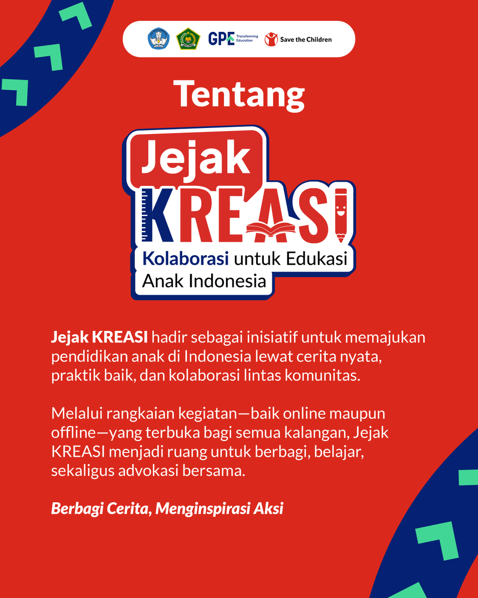 📚 Bagaimana tantangan dan peluang bagi literasi anak Indonesia saat ini? Dari desa hingga kota, banyak kisah inspiratif, inovasi lokal, dan praktik baik yang bisa jadi pelajaran bersama.

Mari temukan jawabannya dalam Jejak KREASI: 
Dari Desa ke Kota, Menyalakan Cahaya Literasi