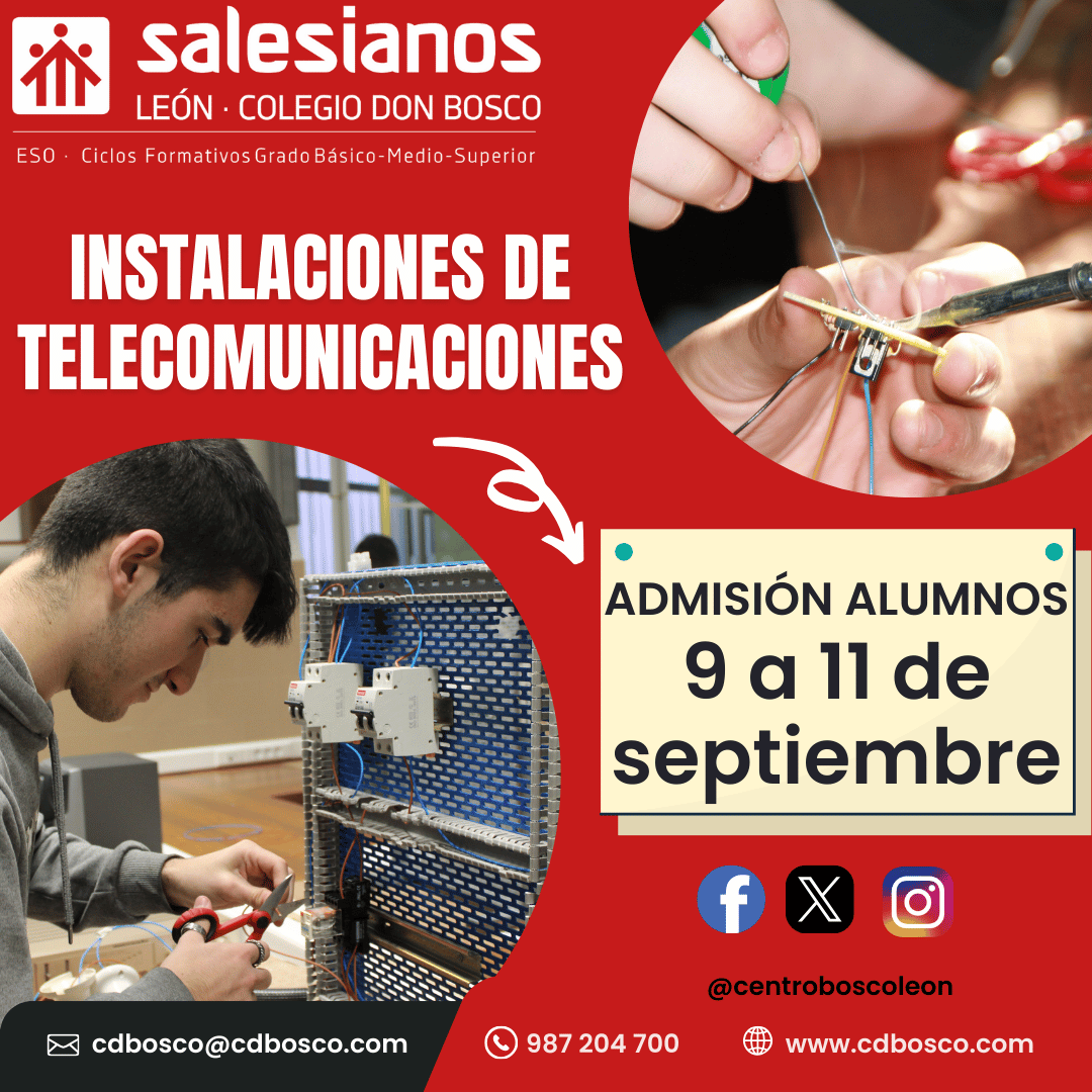 centroboscoleon's tweet photo. 📡🔌Última oportunidad para tu futuro en #Telecomunicaciones

El plazo extraordinario de matrícula finaliza hoy
Conviértete en el profesional que conecta el mundo…un ciclo lleno de oportunidades

⏳¡Matricúlate antes de que cierre el plazo!

#cdboscoleon #salesianosleon #fp https://t.co/lqPjZYUBs9