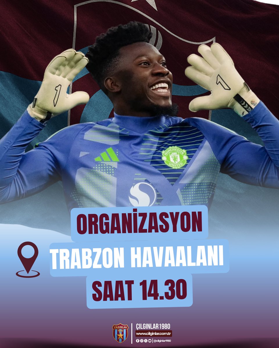 📢 Taraftarlar Olarak Hep Birlikte!

Dünya yıldızı kalecimiz André Onana bugün Trabzon’a geliyor!
Saat 14.30’da Trabzon Havalimanı’nda taraftarlar olarak hep birlikte coşkulu bir şekilde karşılıyoruz.

#ÇılgınlarTaraftarlarGrubu