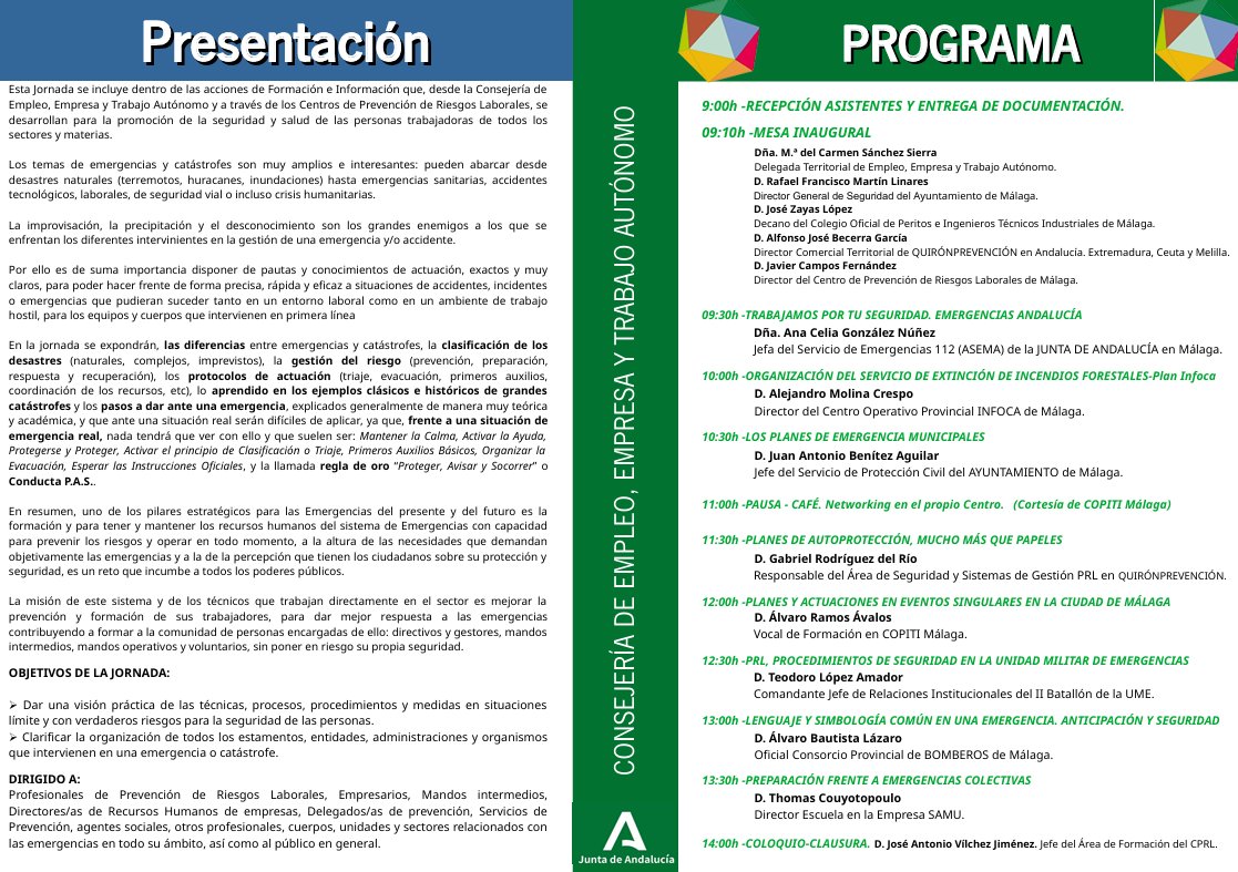 🚨 El 25 de septiembre en Málaga: Jornada Técnica sobre Prevención en Emergencias y Catástrofes. Presencial y online, inscripción gratuita.
Formación clave en autoprotección y seguridad.