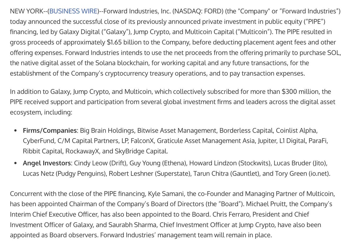 NEW: FORWARD INDUSTRIES CLOSES $1.65 BILLION PRIVATE PLACEMENT IN CASH AND  STABLECOIN COMMITMENTS TO ADVANCE SOLANA TREASURY STRATEGY - PER PRESS  RELEASE