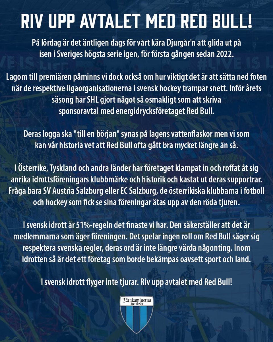 I svensk idrott flyger inte tjurar. Riv upp avtalet med Red Bull!