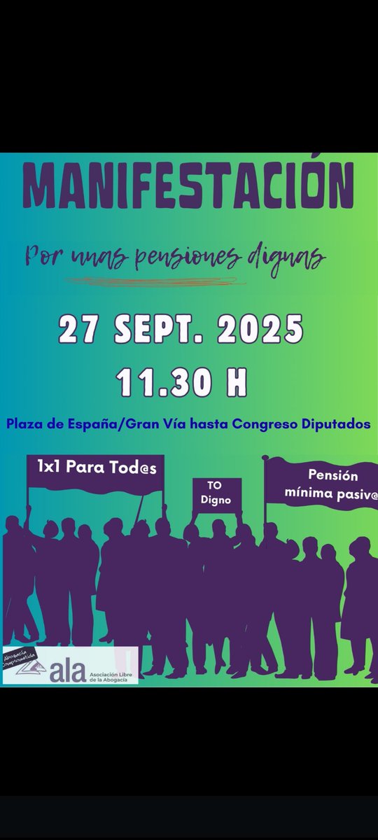 ❗❗El próximo 27 de septiembre la Plataforma Pasarela Reta de la que formamos parte ha convocado la manifestación por UNAS PENSIONES DIGNAS Y TURNO DE OFICIO DIGNO.
Nuestro punto de encuentro será a las 11:20h en Plaza España hasta el Congreso de los Diputados. ¡Acompañadnos!