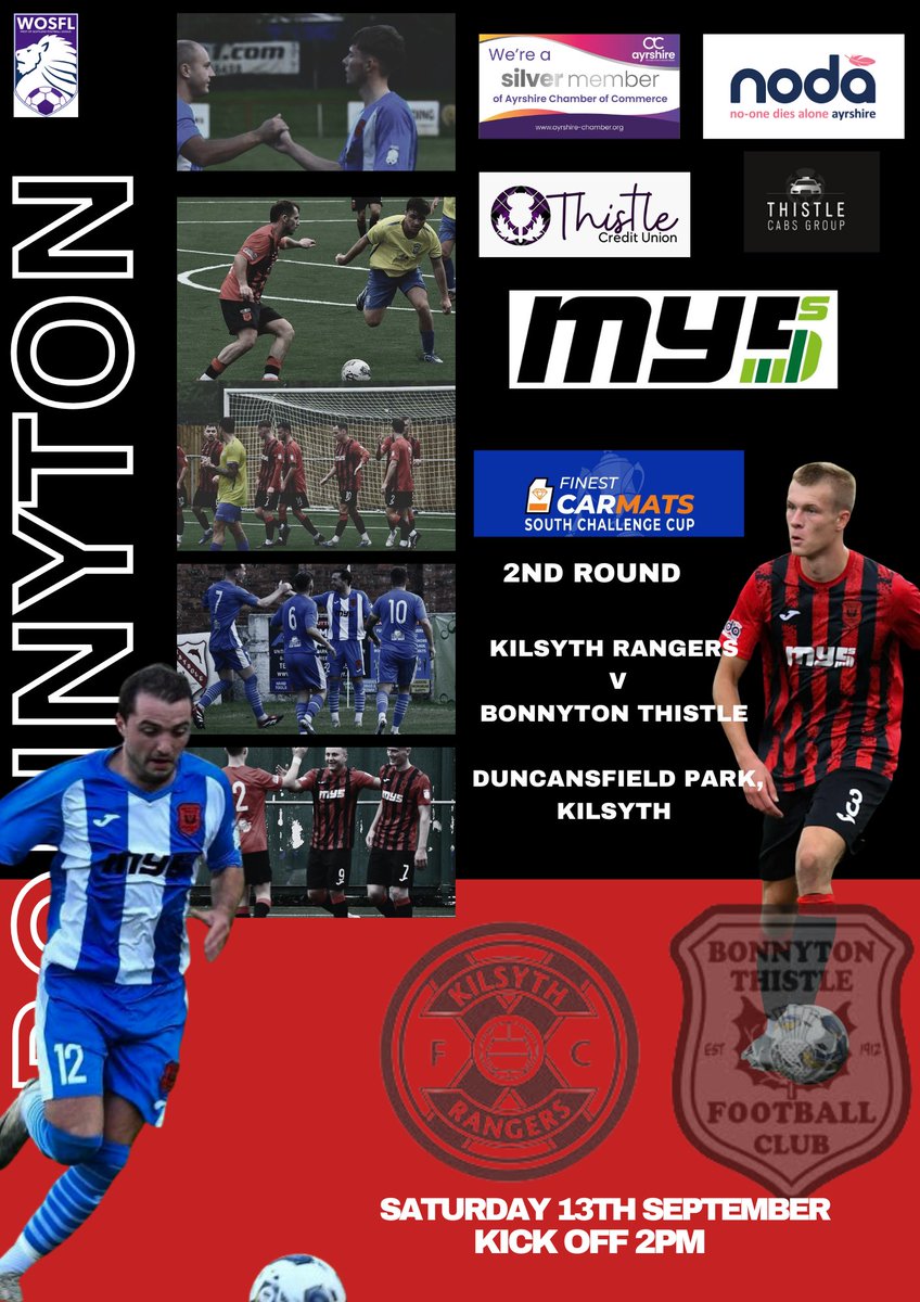 Finest Car Mats South of Scotland
Challenge Cup
Round 2 

🏆 Kilsyth Rangers V Bonnyton Thistle 

📍Duncansfield Park, Kilsyth
⏰ 2pm

#uptheton🔴⚫️ 

@my5sfootball @thistlecabsgroup @nodaayrshire 
@trademarkblinds