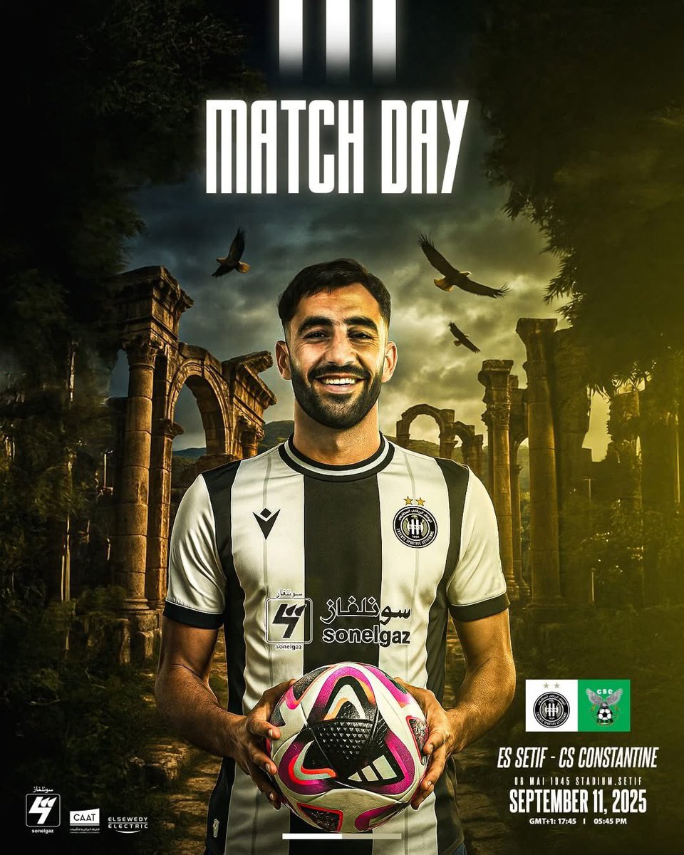 ESSinsider's tweet image. ⚽️ | يوم المباراة -  M A T C H D A Y 🏁
🏆 | الجولة الرابعة من الرابطة المحترفة @LFP_Algerie 
🆚  النادي الرياضي القسنطيني 
📅 | الخميس 11 سبتمبر 2025
🏟️ | ملعب الثامن ماي 1945
⏰️ | 17:45 
📺 | القناة الأولى @entv_dz 
#ESSvsCSC | #WeAreESS 🦅 |
#وفاق_سطيف 🖤🤍