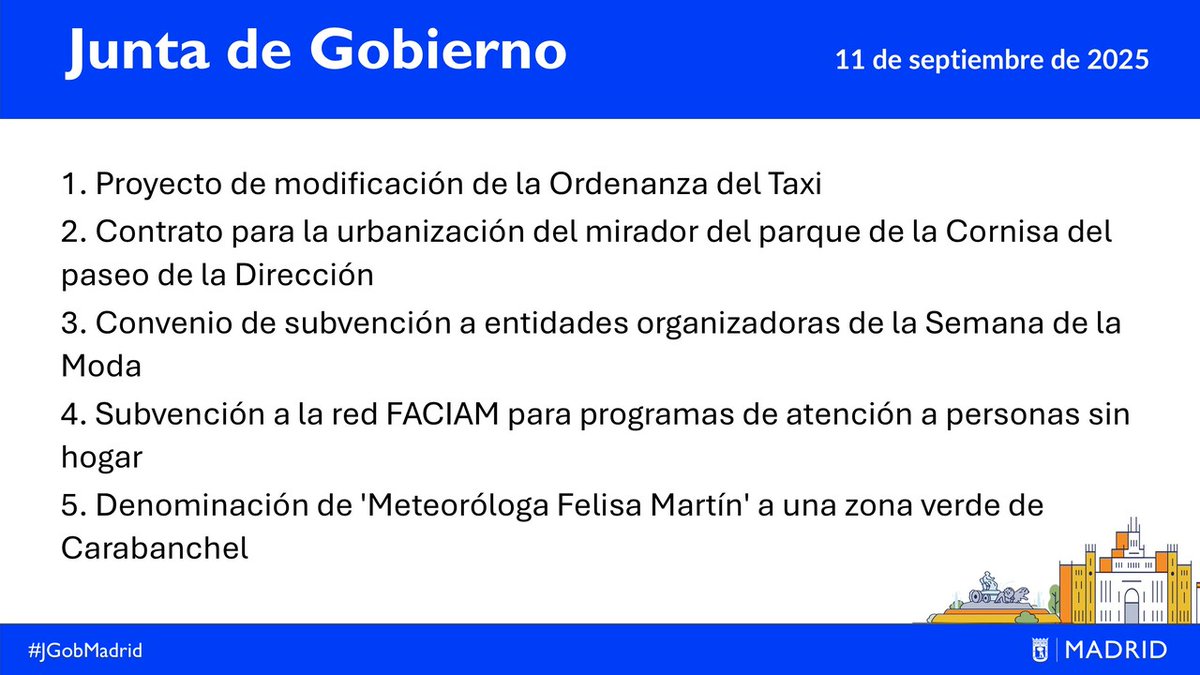📣 Estos son los principales acuerdos aprobados hoy en la Junta de Gobierno del 11 de septiembre de 2025 #JGobMadrid