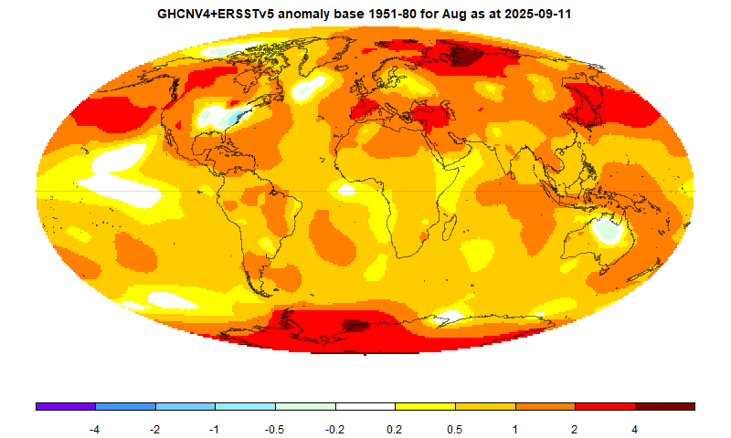 moyhu: GHCN data late this month - interim results August warmer than July. 
Data very slow - China, Khazakstan missing.
August 0.081C warmer than July; third warmest August after 2024 and 2023.
moyhu.blogspot.com/2025/09/ghcn-d… via <a href="/nstokesvic/">Nick Stokes</a>