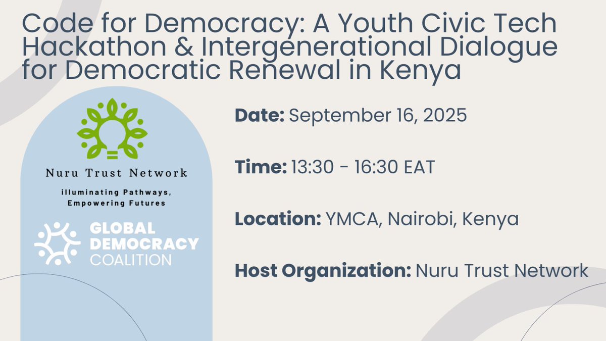 IctInnovationsA's tweet image. We’re excited to share! On Sept 16, 2025, #NuruTrustNetwork & @GlobalDemocracy will host #CodeForDemocracy at YMCA Nairobi 🕒 13:30–16:30 EAT
💡 5 Tracks: Misinformation | Voter Ed | Citizen Feedback | Open Data | PeaceTech
🎥 Livestream coming soon!
#InternationalDemocracyDay