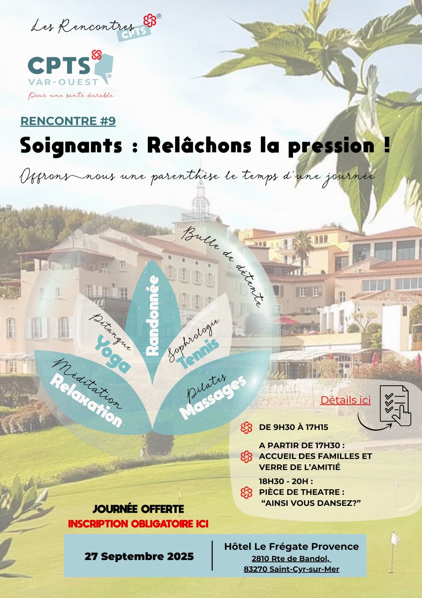 Soignants, relâchons la pression ! 
Offrons-nous une parenthèse, le temps d’une journée
La <a href="/CptsVarOuest/">CPTS VAR-OUEST</a> organise les <a href="/RencontresCPTS/">Les rencontres CPTS</a> #9 :

💬 Parce que prendre soin des #soignants, c’est prendre soin de toute la société.

Inscriptions 👉🏻 helloasso.com/associations/c…

#BulleDeDétente
