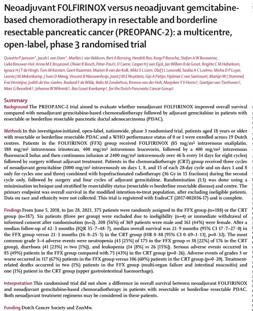 Anirban Maitra (@aiims1742) on Twitter photo Two important randomized trials in #PancreaticCancer published:
1st PASS-01 in metastatic cancer comparing FOLFIRINOX to Gem/Abraxane (<a href="/JCO_ASCO/">Journal of Clinical Oncology</a>)
2nd PREOPANC-2 in resectable/borderline resectable cancer comparing neoadjuvant FFX versus Gem/CRT (<a href="/TheLancetOncol/">The Lancet Oncology</a>)
<a href="/OncoAlert/">OncoAlert</a> ⬇️ Two important randomized trials in #PancreaticCancer published:
1st PASS-01 in metastatic cancer comparing FOLFIRINOX to Gem/Abraxane (<a href="/JCO_ASCO/">Journal of Clinical Oncology</a>)
2nd PREOPANC-2 in resectable/borderline resectable cancer comparing neoadjuvant FFX versus Gem/CRT (<a href="/TheLancetOncol/">The Lancet Oncology</a>)
<a href="/OncoAlert/">OncoAlert</a> ⬇️