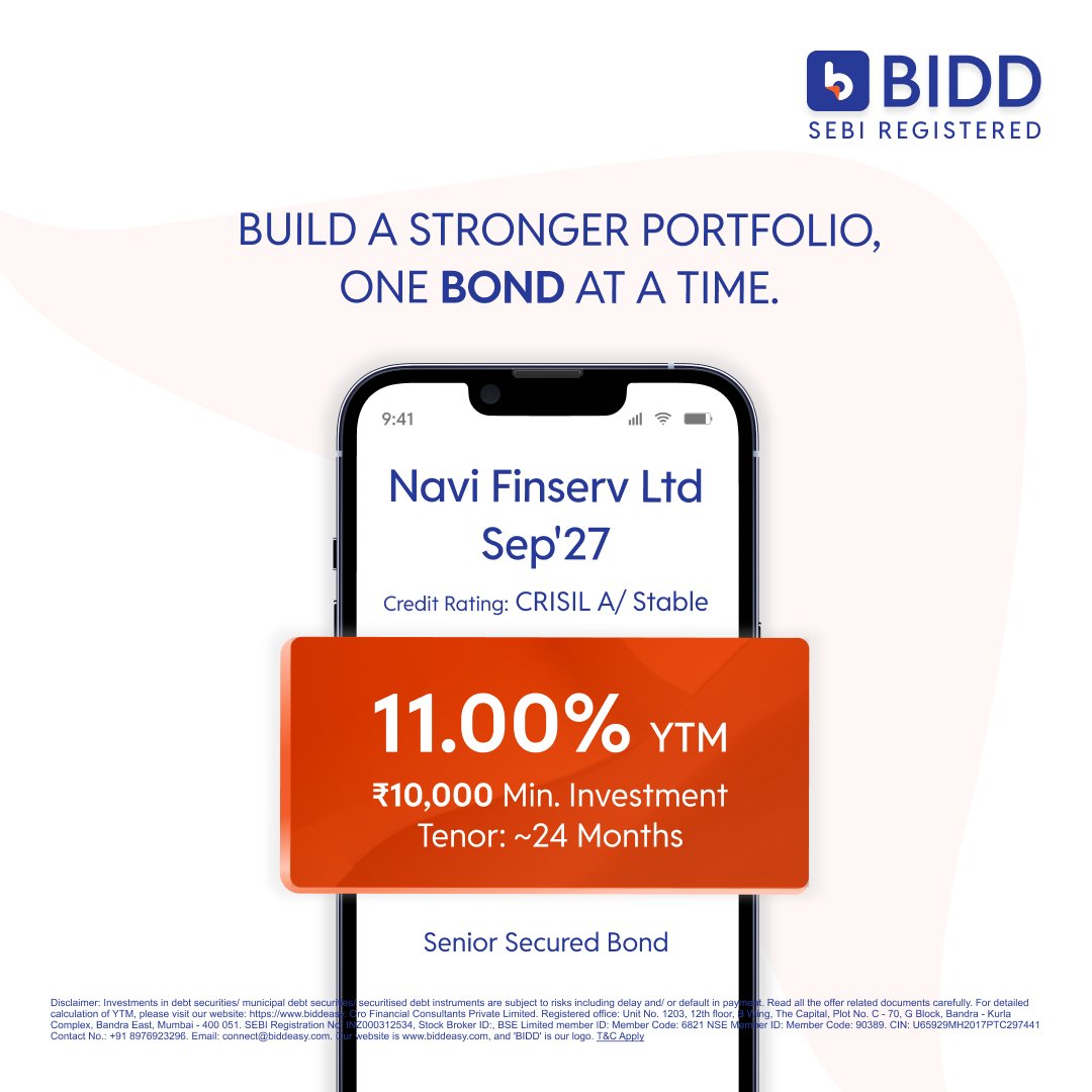 BiddEasy's tweet image. 📢 Bond in Spotlight: Navi Finserv Ltd Sep’27
 💰 11.00% XIRR | ~24 Months Maturity
 🔒 Min. Investment: ₹10,000

Navi Finserv Ltd., part of the Navi Group, is reshaping lending in India with a fully tech-driven, customer-first approach.

#Bidd #BiddEasy #Bonds