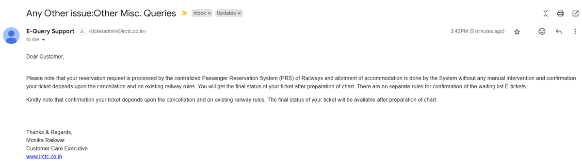 AshutoshJalan7's tweet photo. @IRCTCofficial Ur representative is unable to understand the issue, gave vague response &amp; closed the complaint. Query: "How can the IRCTC app show seats available at 10:02AM but the ticket booked in the same train at 10:01AM came waitlisted? @RailMinIndia @AshwiniVaishnaw https://t.co/14ahwA5DKL