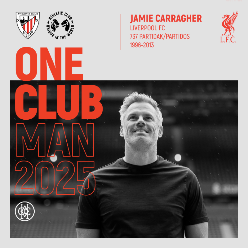 AthleticClub's tweet photo. ⭐️ Jamie Carragher, mito del @LFC, One Club Man 2025. 

El defensa inglés, que disputó 737 partidos en 17 temporadas con el Liverpool FC, recibirá el galardón el próximo 23 de septiembre en San Mamés. 

👏 Congratulations, @Carra23!!

#OCM25 #AthleticClub 🦁
