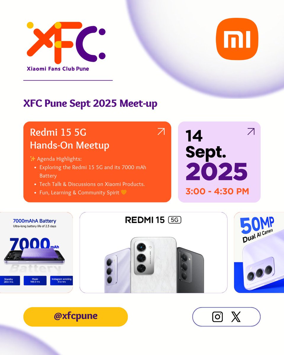 XFCPune's tweet image. Hello Pune! 🙌
This September, Get ready for Hands-On with the all-new #Redmi15 5G📱

Explore its massive 7000mAh battery, smooth display &amp;amp; Royal Chrome design! Plus, enjoy tech talks, interactive discussions &amp;amp; some #DiwaliwithXiaomi wishlist gossip 🎉

#XFCPune #XiaomiIndia
