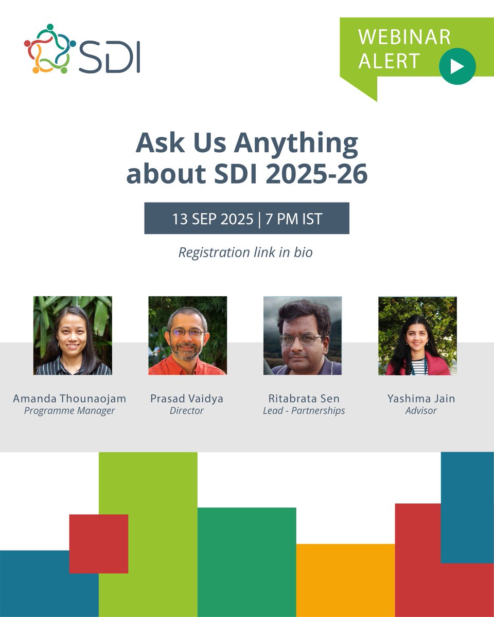 sdi_challenge's tweet image. Got questions about the SDI Challenge?

Unsure about registration, Project Partners, Industry Partners, or conquering the milestones? Join our Ask Us Anything webinar this Saturday, September 13 at 7 PM. Members of the organising team including Amanda Thounaojam, Prasad Vaidya,…