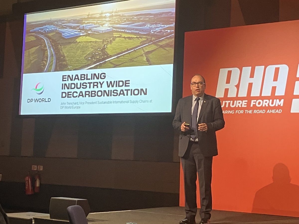 #RHAFutureForum... John Trenchard, VP,  DP World sets out how they're approaching #decarbonisation, and encourages hauliers to take advantage of their Low-Carbon Truck Programme to reduce cost of buying hydrotreated vegetable oil (HVO) - 48 have already signed up so far... More