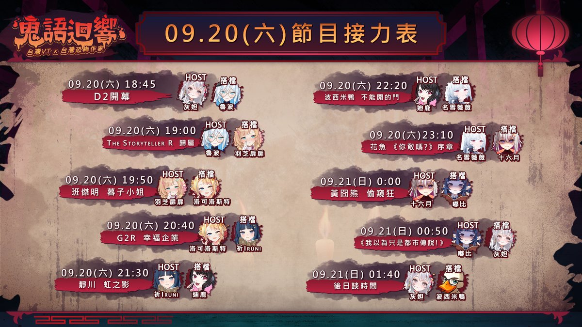 【👻#2025鬼語迴響 接力表👻】

謝謝大家前陣子的敲碗😇
接力時間表來啦🙌

👉大家喜愛的怪談VT新陣容
👉又有初次發表的全新短篇 ?!

雙人聲演讓你彷彿親臨書中🥺
鎖定9/13、9/20 (六) 晚間六點起
讓你一鍵感受鬼月清涼氛圍 🥶
趕快來待機: reurl.cc/dal2rk

#台V #2025鬼語迴響怪談接力