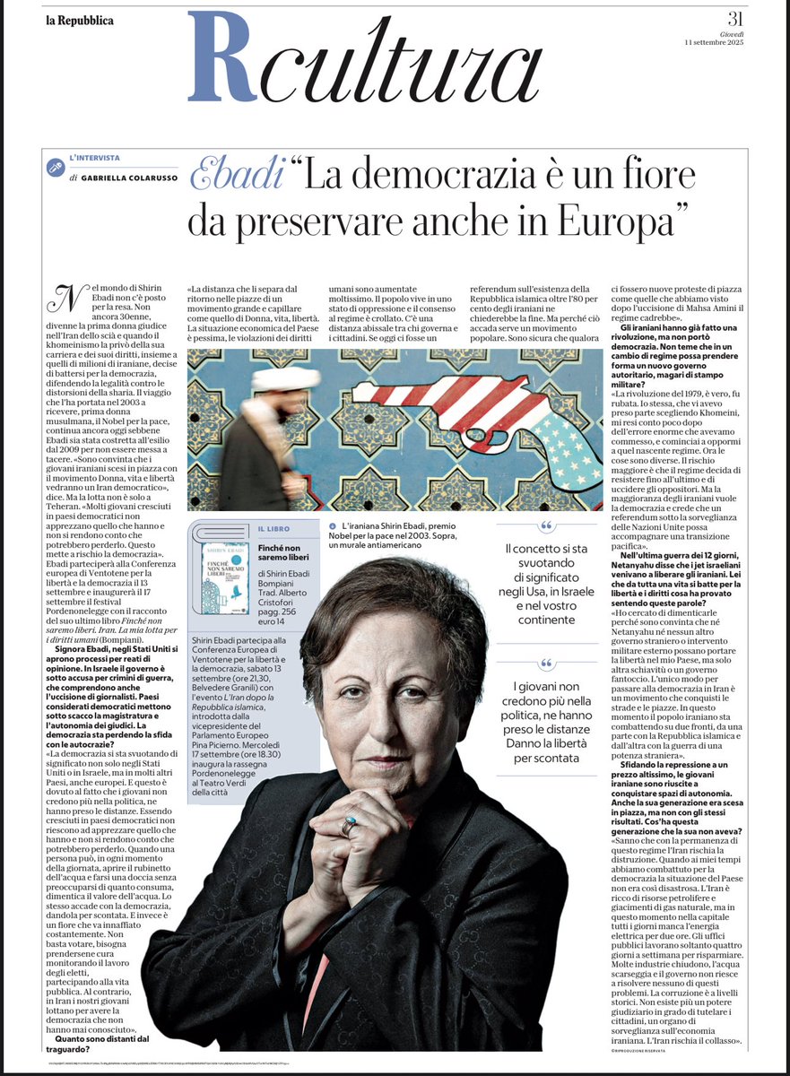 Pina Picierno (@pinapic) on Twitter photo 🌍 La voce della libertà arriva a Ventotene.
Oggi su <a href="/repubblica/">Repubblica</a> la Premio Nobel per la Pace Shirin Ebadi racconta la sua battaglia contro il regime iraniano e lancia un avvertimento: la democrazia va difesa, anche in Europa.
✨ Sabato alle 21:30 sarà con noi per una 🌍 La voce della libertà arriva a Ventotene.
Oggi su <a href="/repubblica/">Repubblica</a> la Premio Nobel per la Pace Shirin Ebadi racconta la sua battaglia contro il regime iraniano e lancia un avvertimento: la democrazia va difesa, anche in Europa.
✨ Sabato alle 21:30 sarà con noi per una