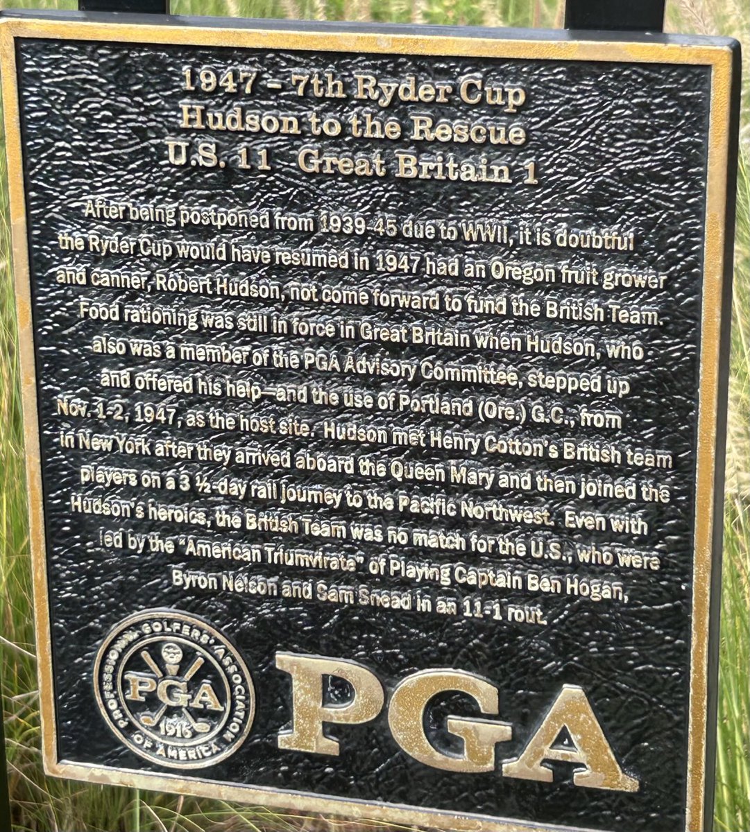 Countdown to the <a href="/rydercup/">Ryder Cup</a> from The Ryder Course <a href="/PGAVillage/">PGA Golf Club at PGA Village</a> where the hole sign on #4 shares the story of the first Ryder cup following the War where Robert Hudson saved the day by funding the Great Britain team.