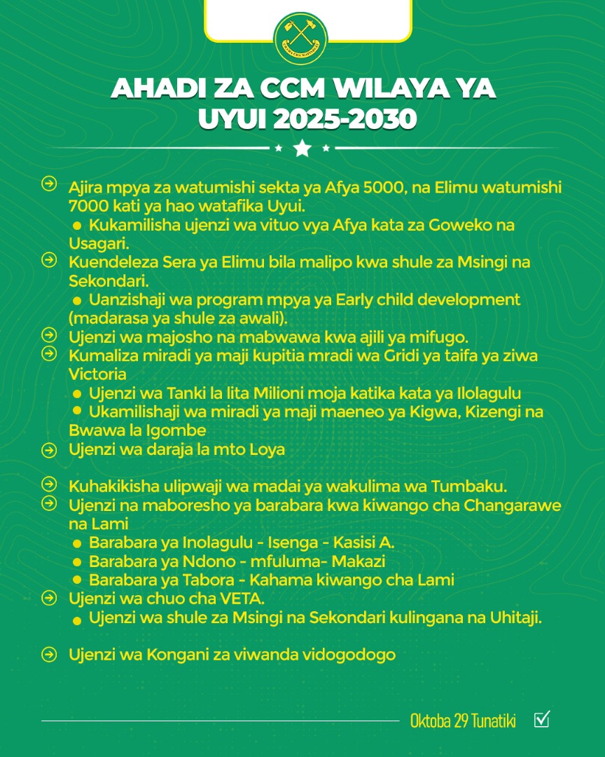 Kwa ahadi hizi wananchi wa Uyui wanaona kama October inachelewa kufika ili wakatiki haraka haraka 

Chagua CCM chagua Dkt Samia Suluhu Hassan chagua maendeleo.