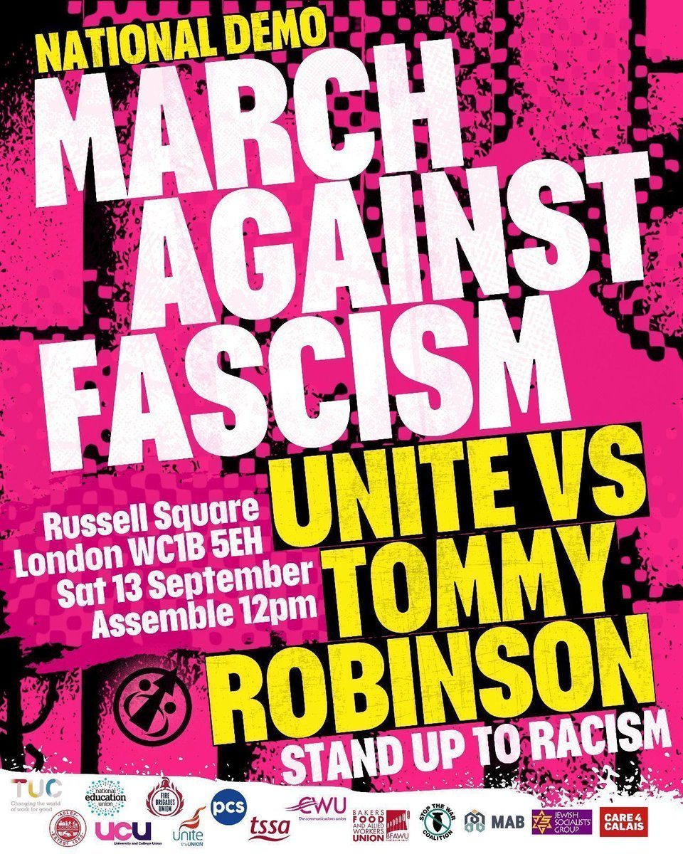 We must unite on the streets &amp; stand up to attempts by fascist &amp; far right to intimidate &amp; silence the anti racist majority,  challenge the racist lies fuelling growth of a dangerous far right, and expose fascists behind attacks on refugees
#StandUpToRacism
#StopTommyRobinson