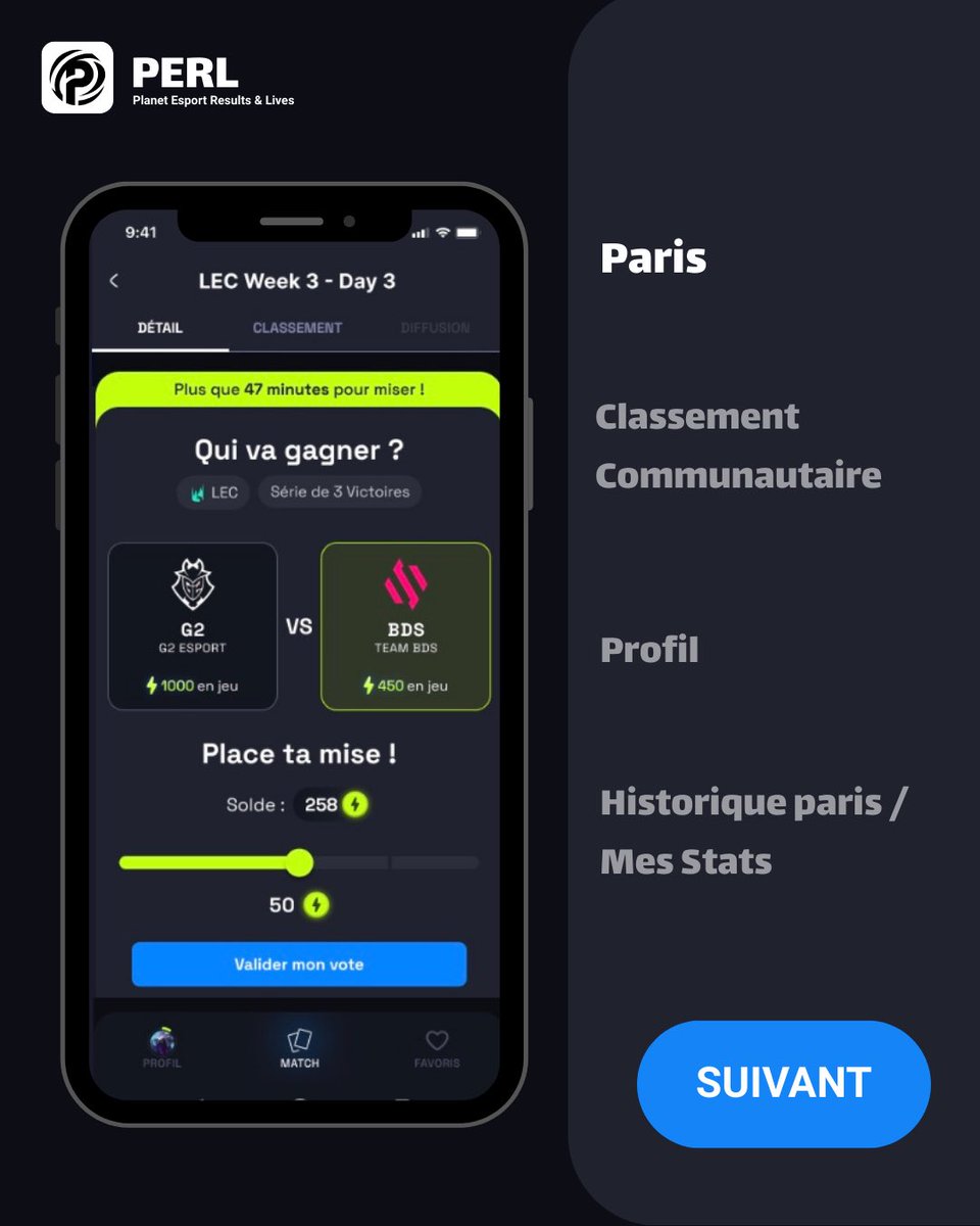 Perl_app's tweet photo. La V2 de PERL, ce n’est pas seulement suivre l’esport… c’est le vivre.

⚡ Paris sur matchs
⚡ Classement communauté
⚡ Profil perso
⚡ Stats &amp; historique

De spectateur à acteur : rejoins l’aventure !

#esport #inoxtag #theproject #LeagueOfLegends #RocketLeague #VALORANT https://t.co/zdfqPyl2tk