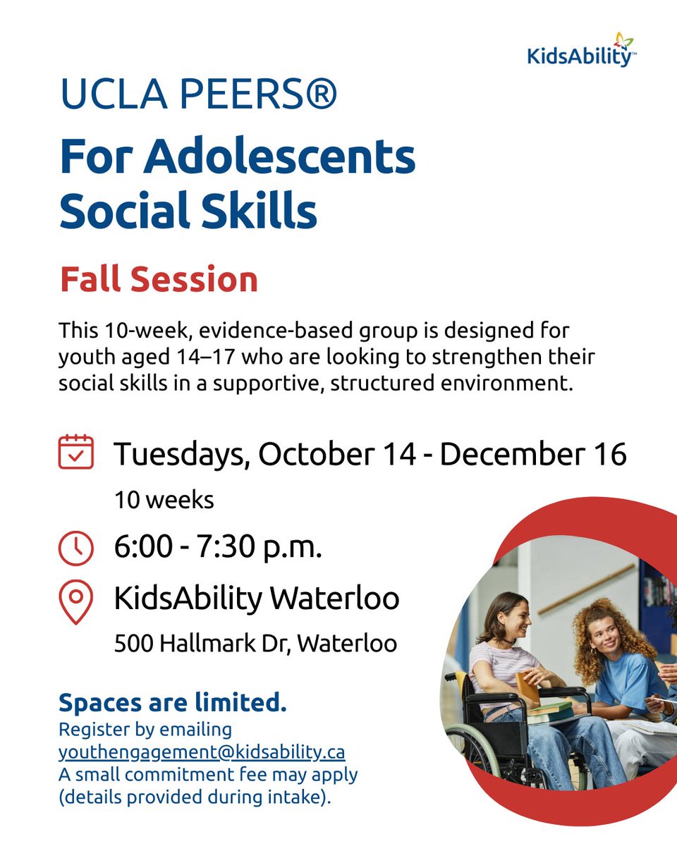 Our Fall PEERS® for Adolescents Social Skills Program is here to strengthen youth social skills in a supportive, structured environment. 

💬 Register by Contacting: youthengagement@kidsability.ca
