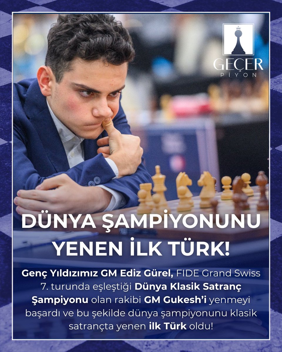 Fide Grand Swiss’in 7. turunda beyaz taşlarda Dünya Şampiyonu Gukesh ile oynayan Ediz Gürel, çekişmeli bir maçın ardından Dünya Şampiyonu’nu klasik satrançta yenen ilk Türk ve aynı zamanda Dünya Şampiyonu’nu klasik satrançta yenen en genç ikinci oyuncu oldu. Tebrikler Starboy!