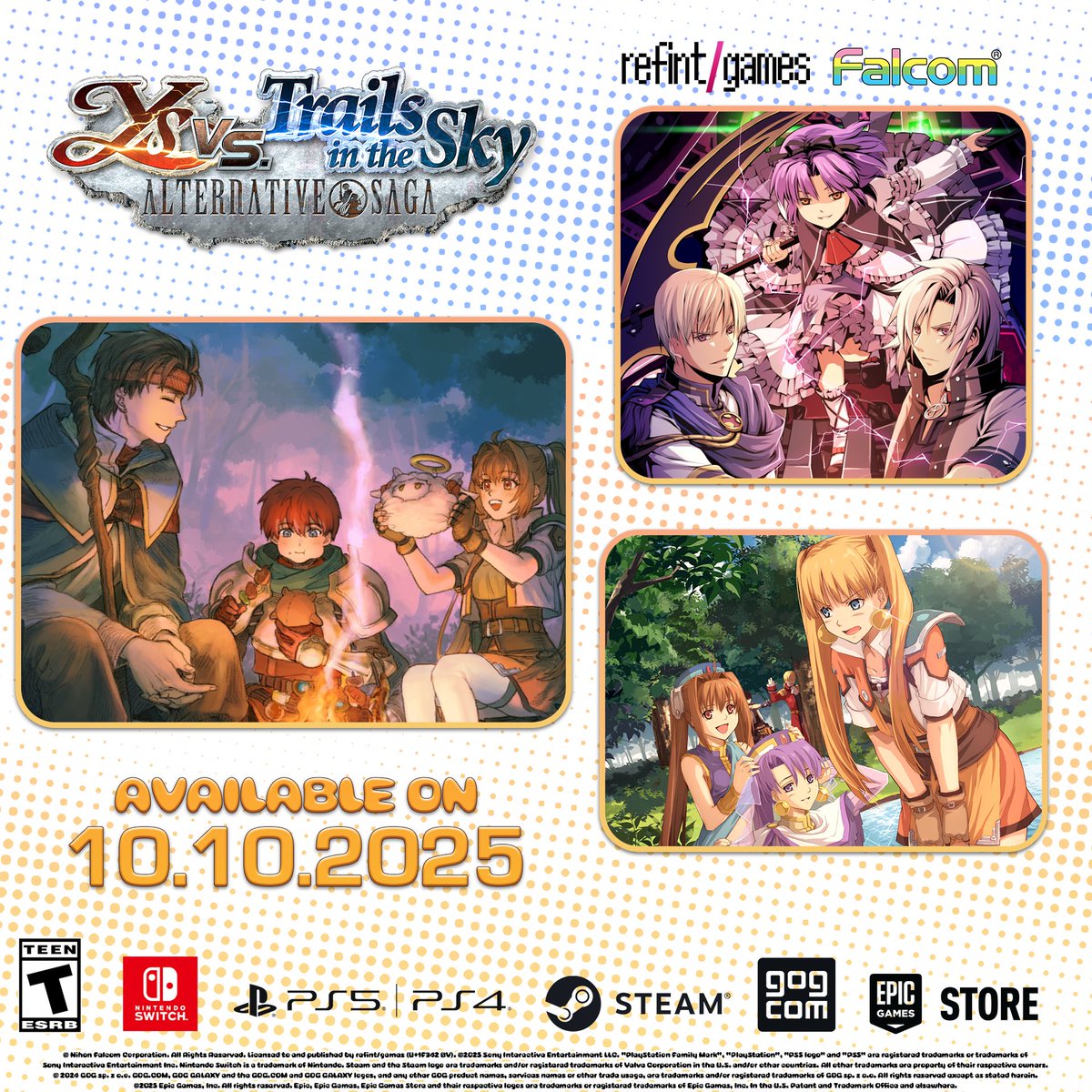 Mark your calendars... 10.10.2025!

The Ys vs. Trails is real!

Featuring a special illustration of Michel, Adol, and Estelle by <a href="/studiopomss/">Studio Pom</a> 

Play it on all these platforms!
