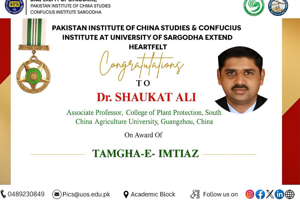 🌟 Heartiest Congratulations! 🌟
Pakistan Institute of China Studies &amp; Confucius Institute at University of Sargodha proudly congratulates Dr. Shaukat Ali, on being conferred with the prestigious Tamgha-e-Imtiaz.
