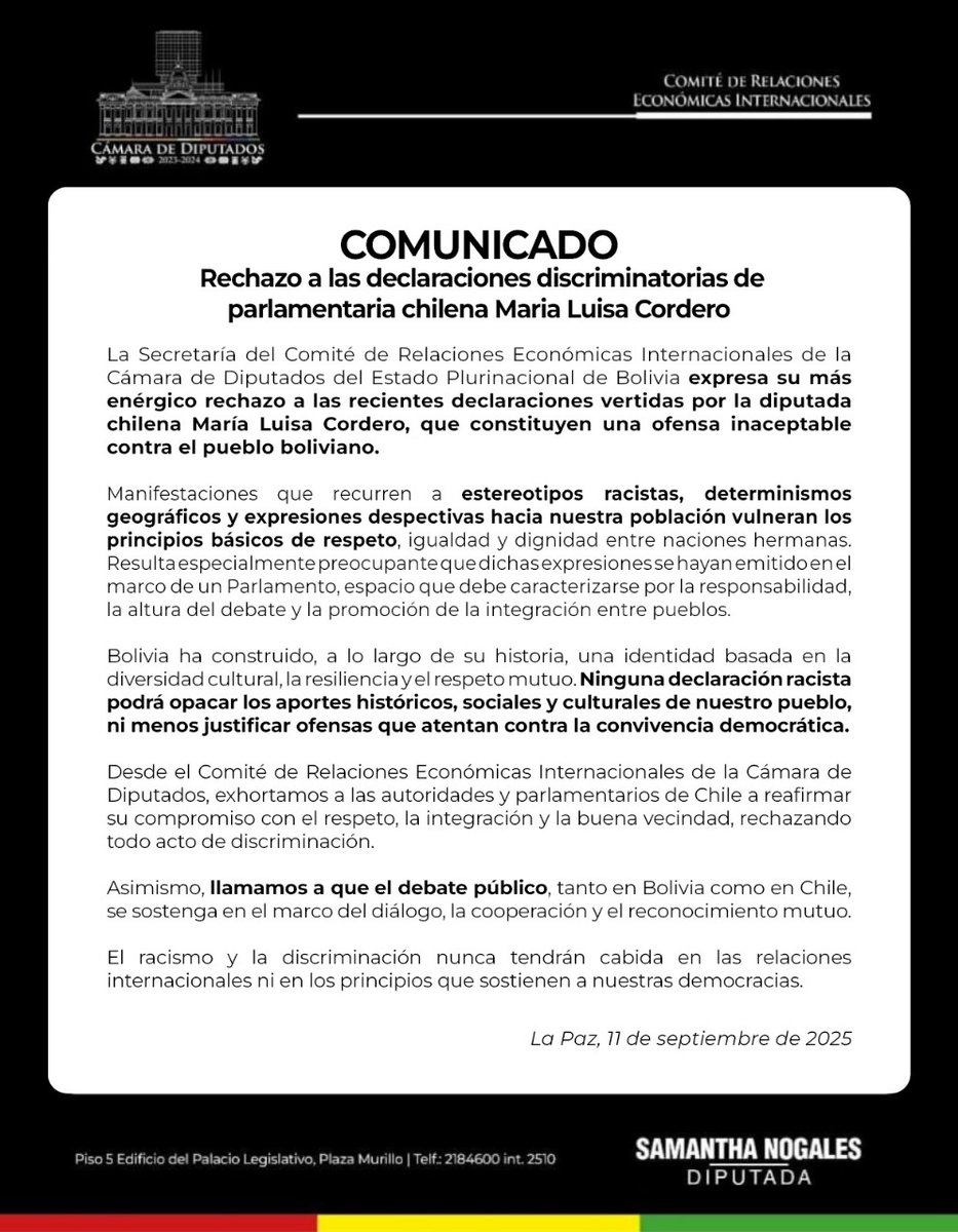 Rechazo a las declaraciones discriminatorias de la parlamentaria chilena Maria Luisa Cordero.