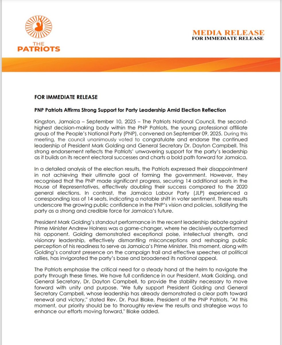 rohanpowellJA's tweet image. #NEWS @JamaicaPNP @thepatriotsja  Post #GeneralElection 2025 #STATEMENT .  The PNP affiliate issues strong support for @MarkJGolding  @jlpjamaica @g2kjamaica @YoungJamaicaJLP
