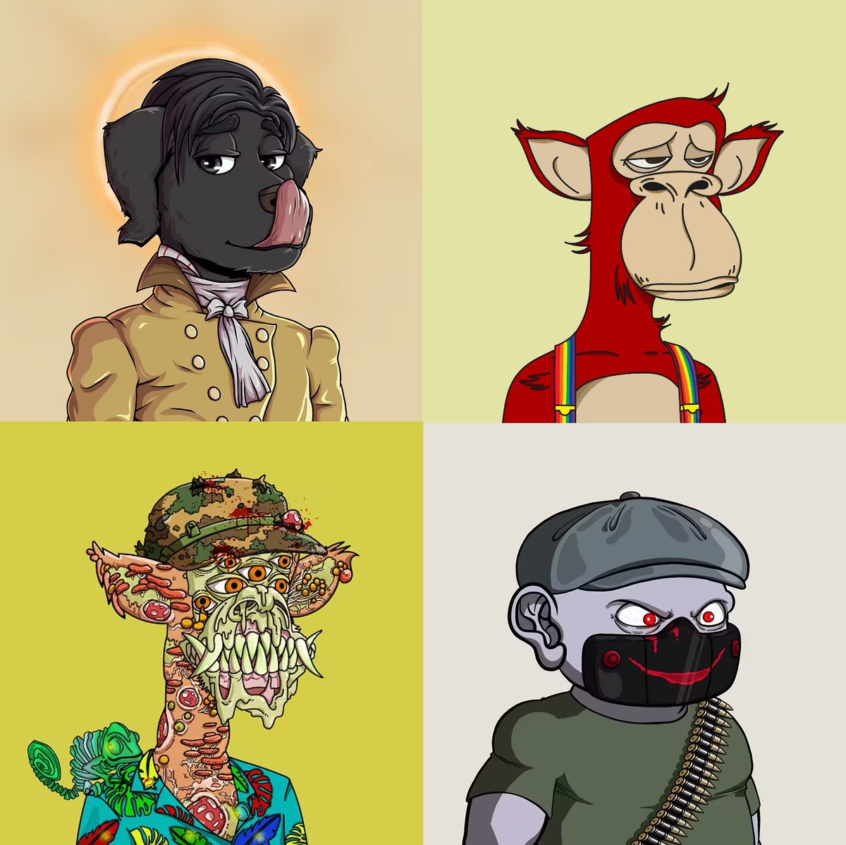 Today I am celebrating the great NFT art on <a href="/0xPolygon/">Polygon</a> and <a href="/solana/">Solana</a> that is part of <a href="/Earsgang/">Earsgang</a>'s project called <a href="/Klekshun/">Klekshun</a>. From Left to right we have <a href="/FuddyDogs/">Fuddy Dogs</a>, <a href="/0xPolygonApe/">Polygon Ape: The Evolution</a>. <a href="/0xPolygonMutant/">Polygon Ape: The Mutation</a> and <a href="/DonsyNFT/">Donsy</a> 😃. I love anthropomorphised animal cartoon caricatures drawn in a quality