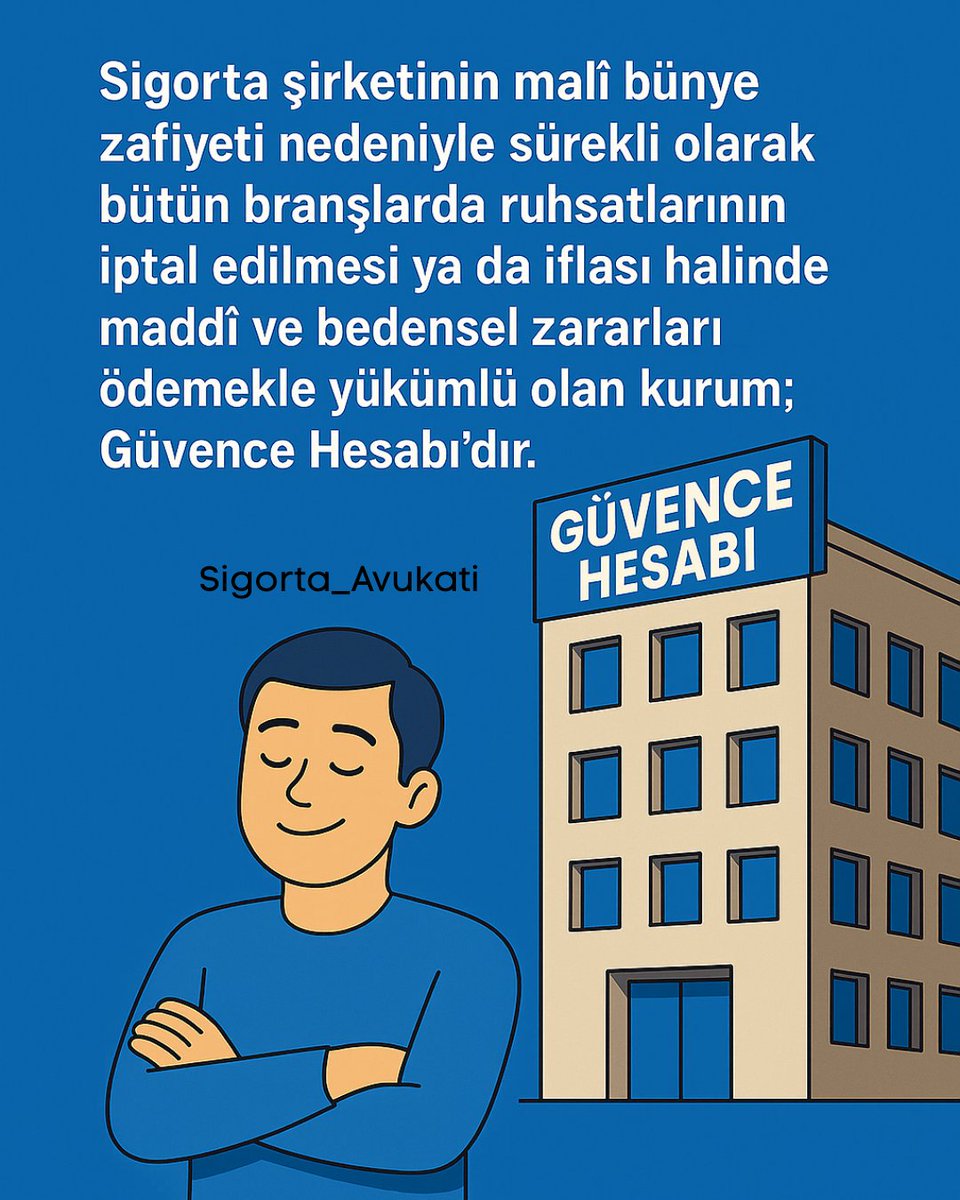 #Sigortacılık Kanunu m.14/1' de kısaca:

“Sigorta şirketinin iflası veya tasfiyesi hâlinde, #sigorta ettirenlerin ve hak sahiplerinin 'zorunlu' sigortalardan doğan #tazminat talepleri Güvence Hesabınca karşılanır.” denmektedir.