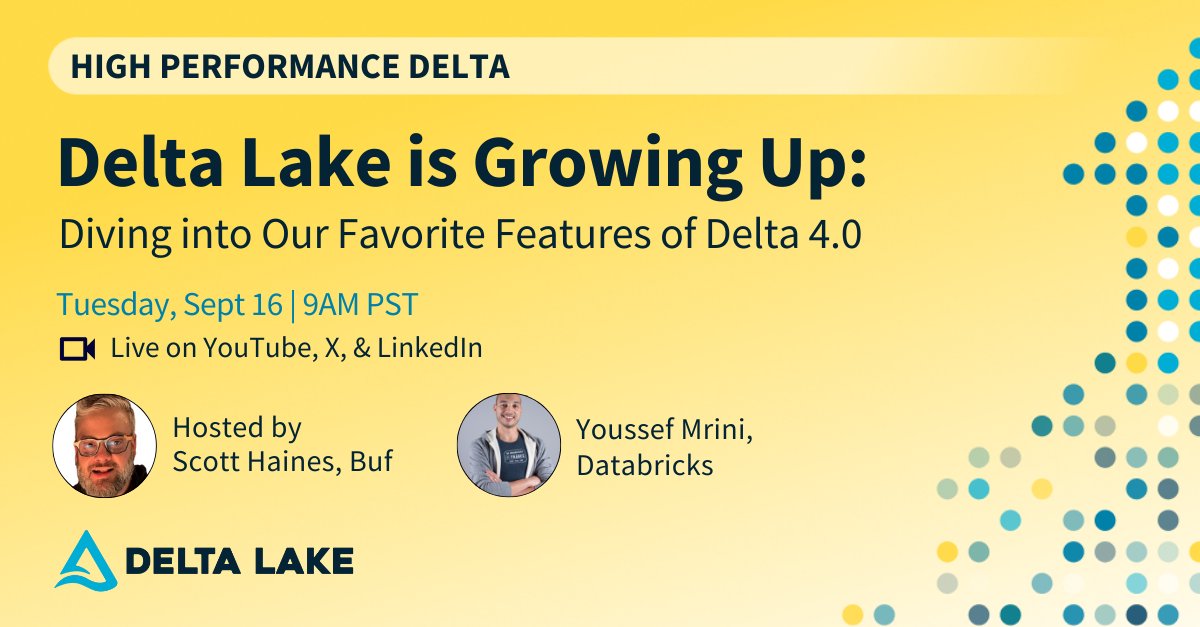 The countdown is on—our Delta 4.0 webinar is next week! 🚀 

Join <a href="/YoussefMrini/">Youssef Mrini</a>, Solutions Architect at <a href="/databricks/">Databricks</a>, and <a href="/newfront/">Scott Haines</a>, Developer Relations Engineer at <a href="/bufbuild/">Buf</a>, as they explore the powerful new features in Delta 4.0 that can transform how you design and optimize