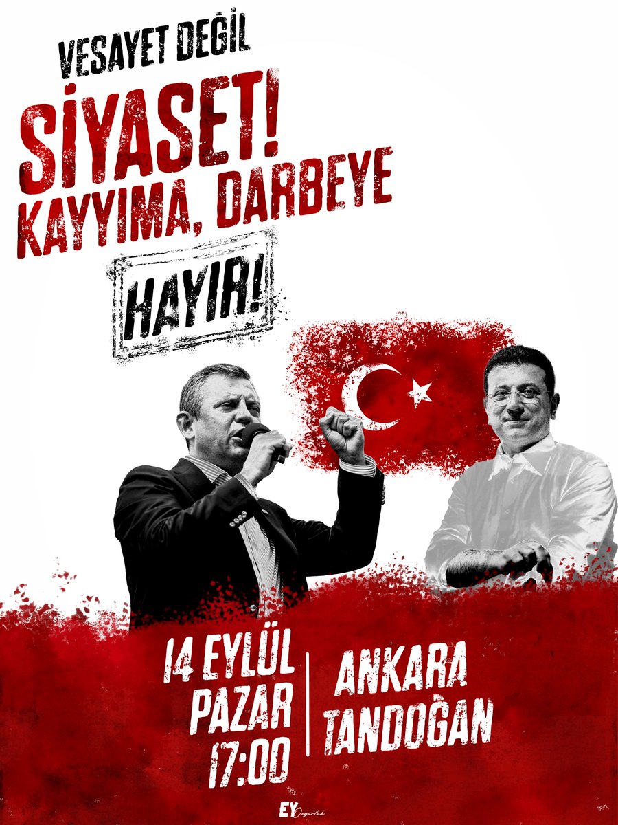 VESAYET değil, SİYASET diyoruz!
Kayyıma, darbeye karşı MİLLETİN İRADESİNİ savunuyoruz!

Tandoğan Meydanı'nda demokrasiye sahip çıkmak için buluşuyoruz!

🗓 14 Eylül Pazar
🕔 17.00
📍 Ankara Tandoğan Meydanı
#VesayetDeğilSiyaset