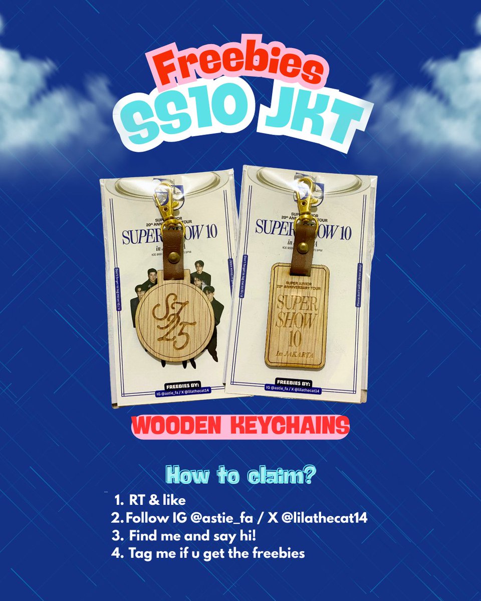 Freebies 
<SUPER SHOW 10> in JAKARTA
by <a href="/lilathecat14/">Lila</a> (X) / astie_fa (IG)

Hello ELFs! Tomorrow Saturday, I wanna share limited wooden keychains 🥰

How to get? 
See the pict!

🗓 13 September 2025
📍 ICE BSD
⏰ TBA

See u soon! 💙

#SUPERSHOW10 #SS10inJakarta