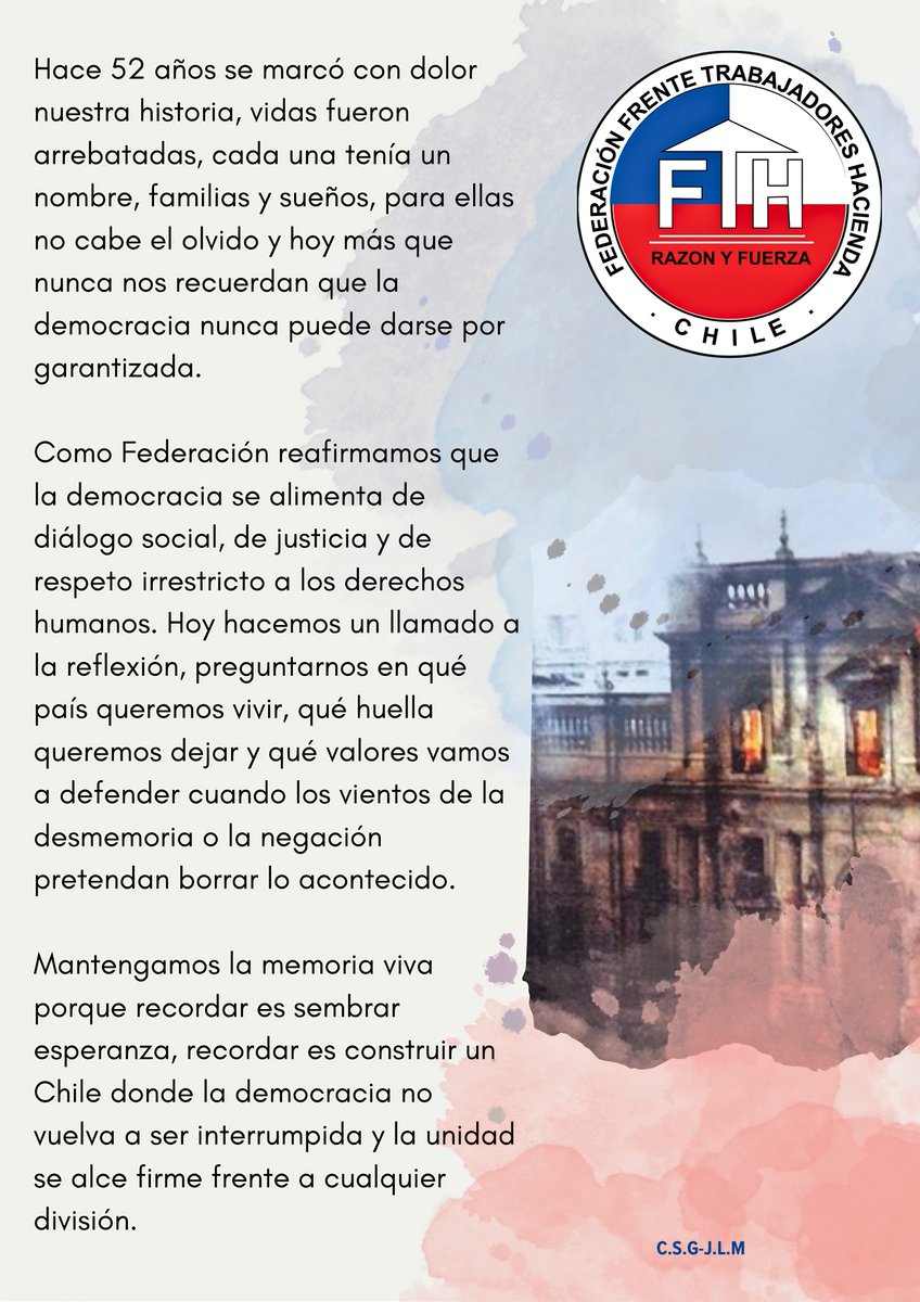 FTH_Chile's tweet image. Como Federación reafirmamos que la democracia se alimenta de diálogo social, de justicia y de respeto irrestricto a los derechos humanos. 
 
Federación Frente de Trabajadores de Hacienda
fth.cl