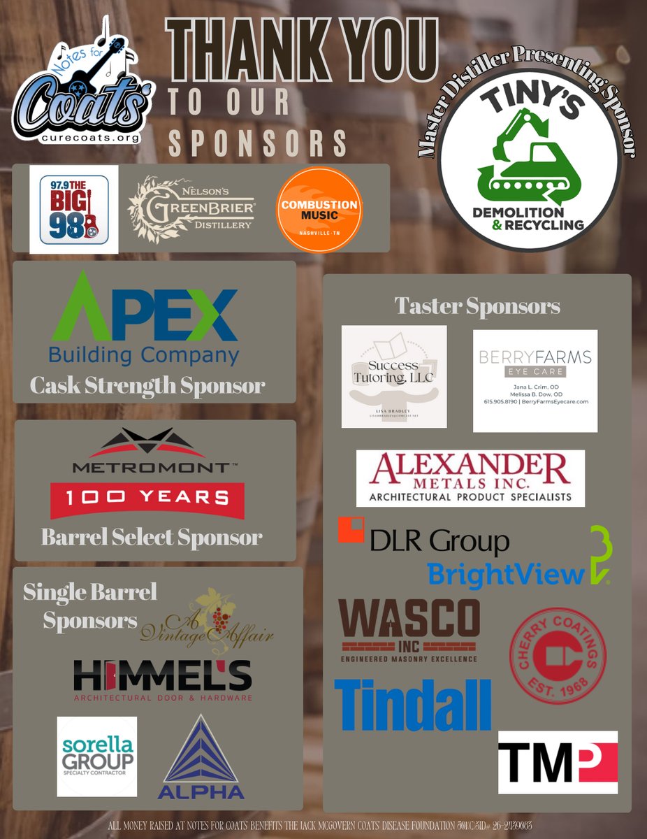 Thank you, Notes for Coats' sponsors! This event wouldn't be possible without your support!

Become a sponsor or buy your tickets today! tickettailor.com/events/jackmcg…

#notesforcoats #CoatsDisease #FindaCure #RaisingAwareness #Music #Nashville #Songwriters #MakingaDifference