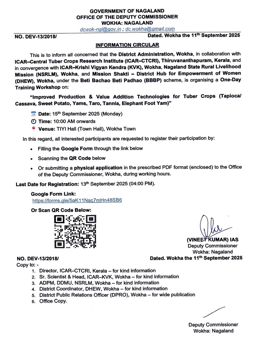 📢 Calling all Wokha Farmers &amp; SHGs!
Join our 1-Day Training on “Improved Production &amp; Value Addition in Tuber Crops” 🌱
🗓️ 15 Sept | 🕙 10 AM | 📍TIYI Hall

🔗 Register by 13 Sept: forms.gle/5aK11Nac7mHn48…
<a href="/DC_Wokha/">Deputy Commissioner, Wokha</a> <a href="/icarctcri/">ICAR-CTCRI</a> <a href="/icarindia/">Indian Council of Agricultural Research.</a> <a href="/MyGovNagaland/">MyGov Nagaland</a> <a href="/dipr_nagaland/">DIPR Nagaland</a> <a href="/DHEWWOKHA/">dhew Wokha</a>