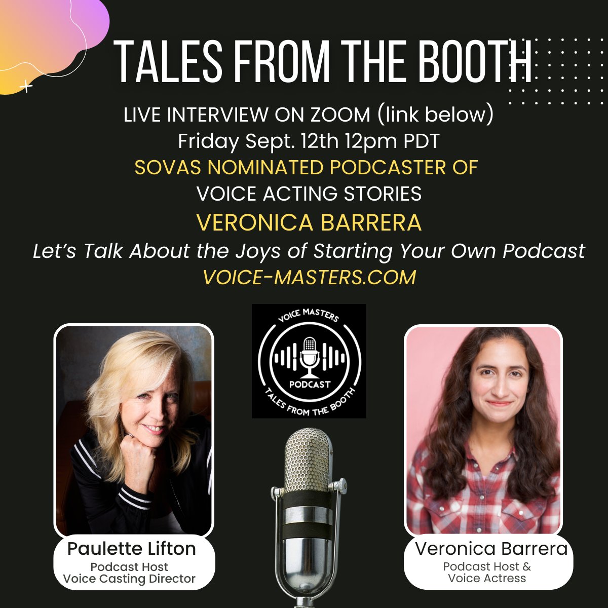 VOMasters's tweet image. 🚨 TOMORROW ON TALES FROM THE BOOTH 🚨
Join Voice Masters Alum Veronica Barrera 🎙️ — creator of the SOVAS-nominated podcast Voice Acting Stories!
FREE on Zoom ➡️ bit.ly/TALESFROMTHEBO…
⏰ Friday | 12PM PST
#VoiceActing #PodcastTips #VoiceOverCommunity #SovasNominated