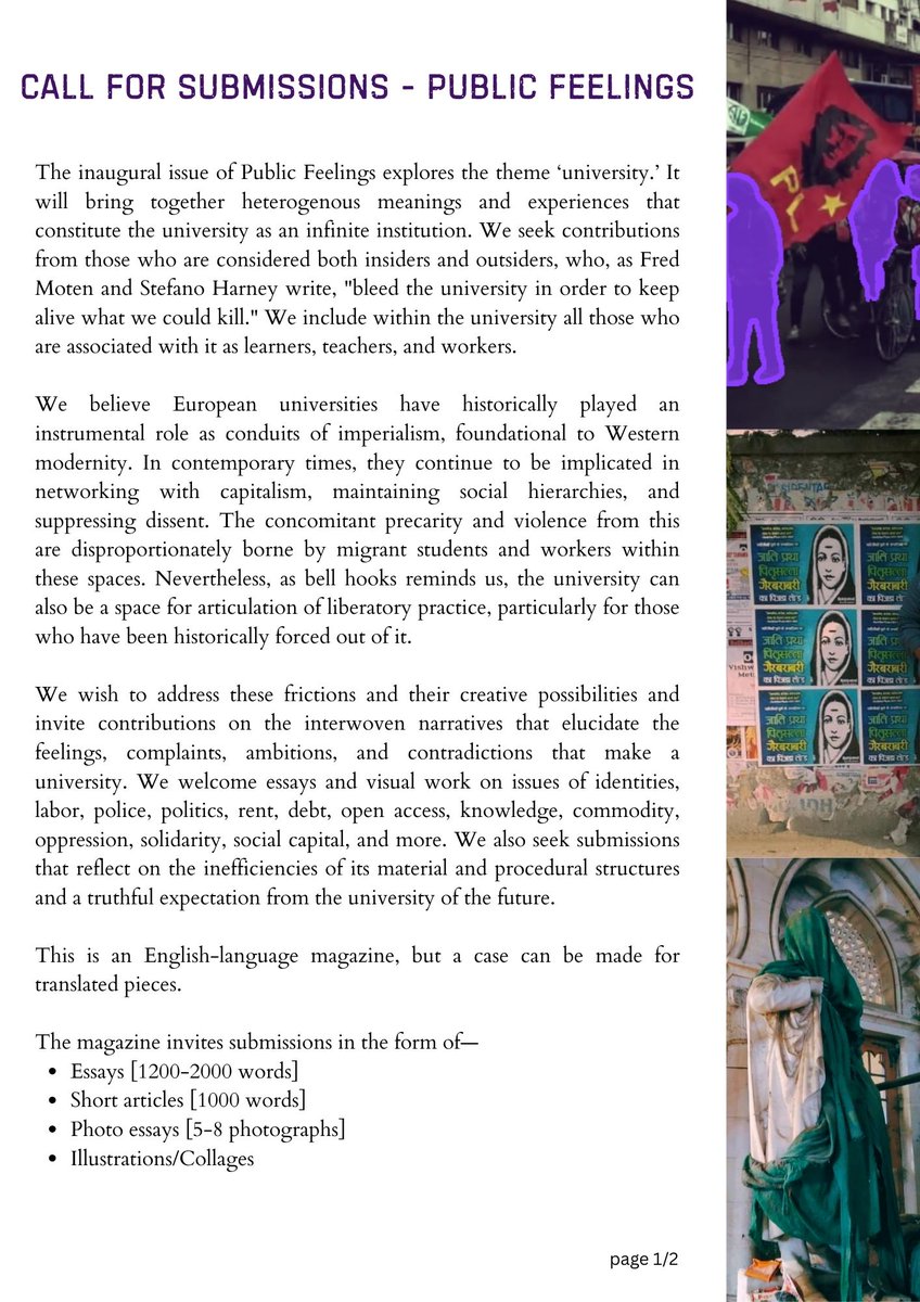 Public_feelings's tweet photo. CfP! The inaugural issue of Public Feelings explores the theme ‘university.’ We seek contributions from those considered both insiders and outsiders, who, as Moten &amp; Harney write, "bleed the university in order to keep alive what we could kill" i.e. learners, teachers &amp; workers! https://t.co/qebQc6cSgd