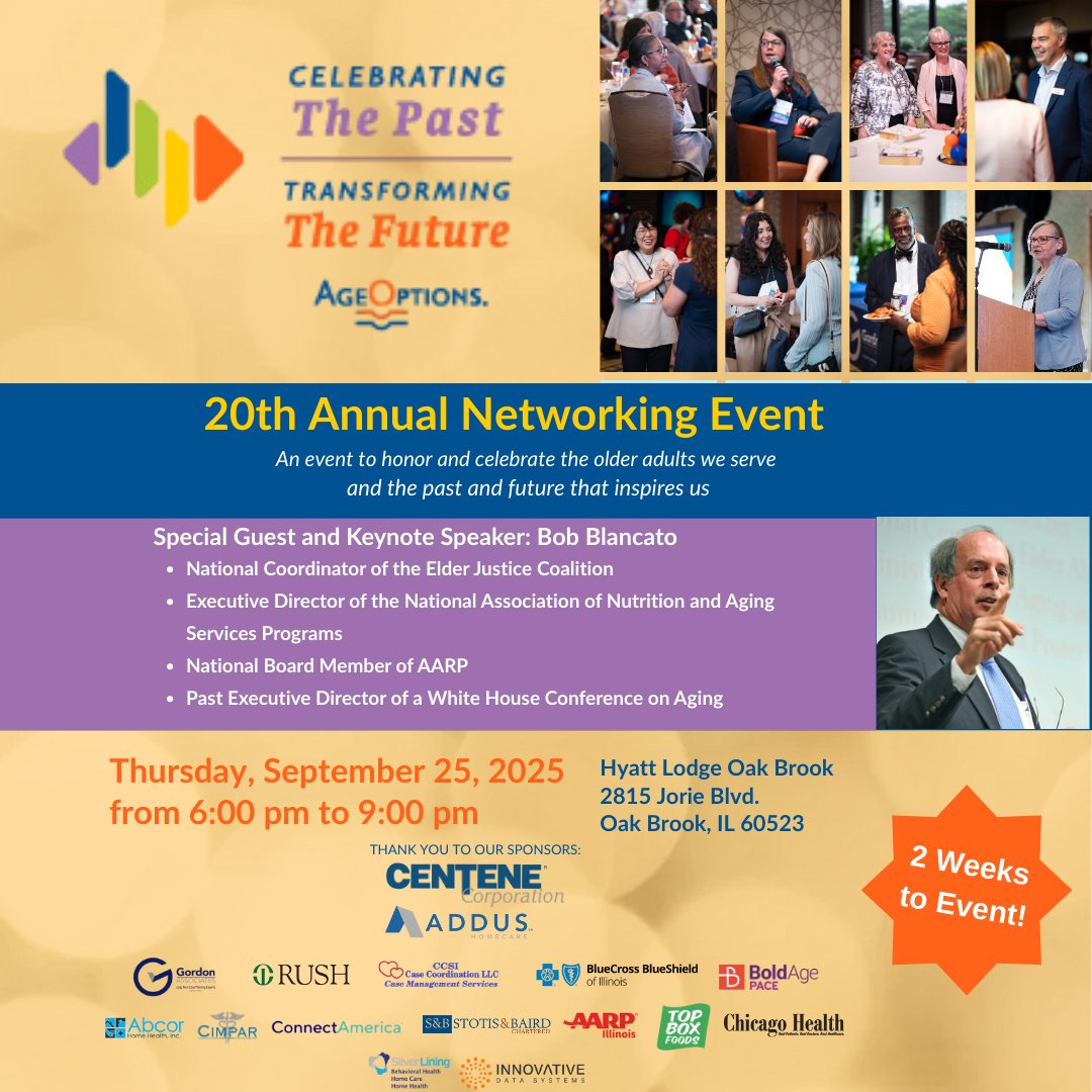 Just 2 weeks away! Join us Sept 25 for Celebrating the Past, Transforming the Future—our 20th Annual Networking Event.  Keynote: Aging policy expert Bob Blancato  Get tickets now! 🎟️ eventbrite.com/e/celebrating-…