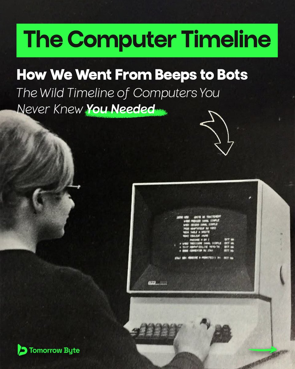 tomorrowbyte's tweet image. The wild glow-up of computers 🧠💻
🚪 1940s: Room-sized giants, first “bug” 🐛
🗂️ 60s: Punch cards, no screens
💾 80s: PCs + floppy vibes
🌐 90s: Internet &amp;amp; dot-com chaos
📱 Today: AI &amp;amp; pocket supercomputers 🤯
➡️ What’s next? 🚀
#TechThrowback #DigitalEvolution