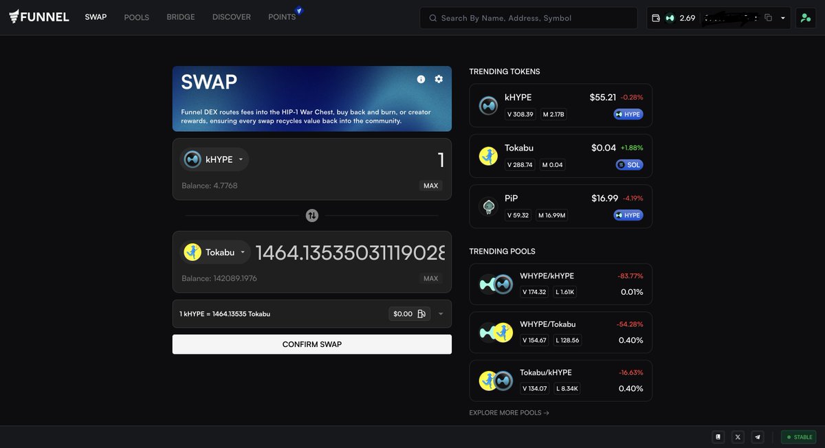 It begins.

$TOKABU / $kHYPE pool is live on Hyperliquid via <a href="/funnel_markets/">Funnel</a>!

Bridge from Solana with 0 slippage.
Provide liquidity, farm the future.

The HyperEVM era starts now.