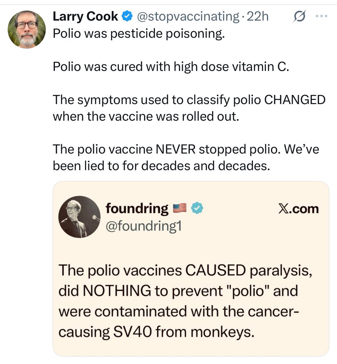 For those who need to hear this 

Polio was not pesticide poisoning 

It is a virus 

And the vaccine has got us close to eradicating it 

Also, the Pope is Catholic