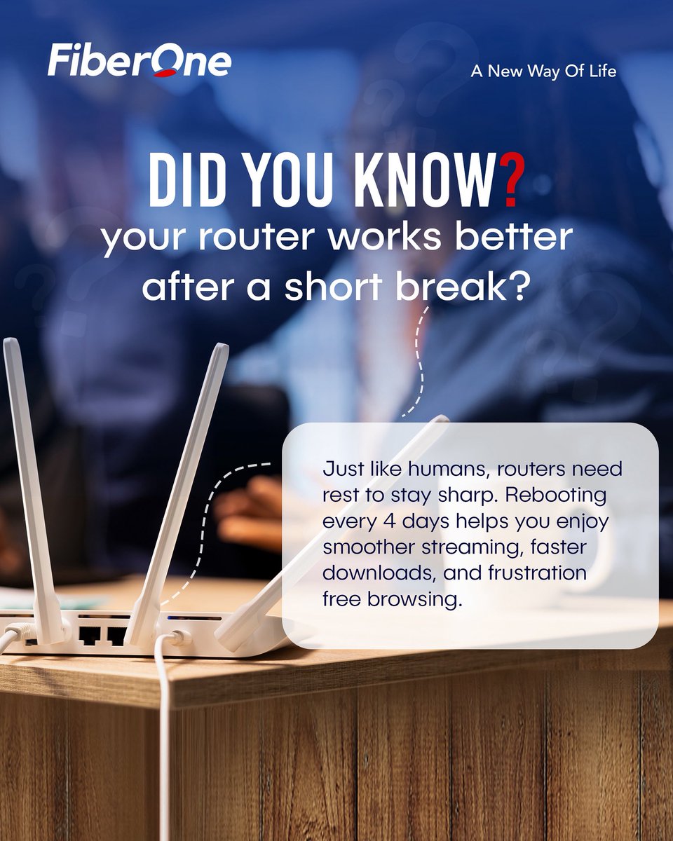 FOBroadband's tweet photo. Did you know? Just like us, routers need a little rest to perform at their best!
Rebooting your router every 4 days keeps your internet running smoother, faster, and frustration-free.
#FiberOne #InternetTips #StayConnected https://t.co/l1tqUCsMTx