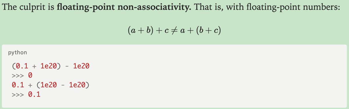 I enjoyed this blog post a lot! I also decided that I will dress as floating-point non-associativity this Halloween and give everyone a good scare.