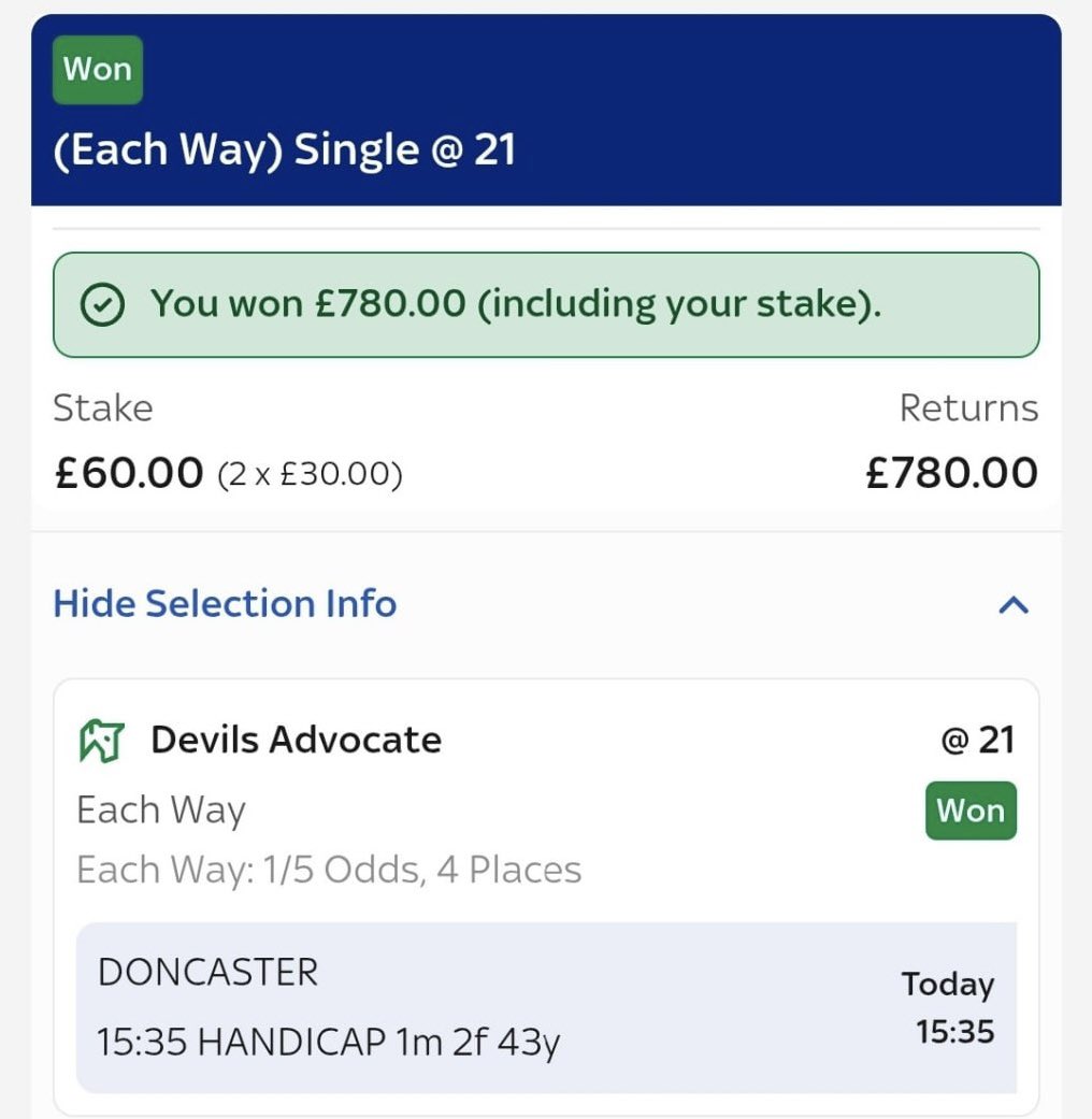 NO NEED TO PLAY DEVILS ADVOCATE ON THIS ONE!! 😈 😈 😈 

Absolutely romps home at 20/1 ✅